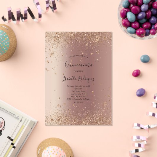 Roos Gold Glitter Glam Bling Quinceanera Birthday Acryl Uitnodigingen (Insitu (Viering))