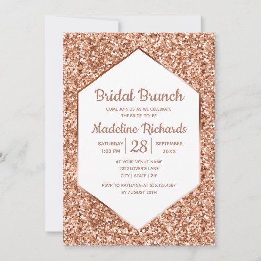Roos Gold Glitter Glam Bridal Brunch Invitation Kaart (Voorkant)
