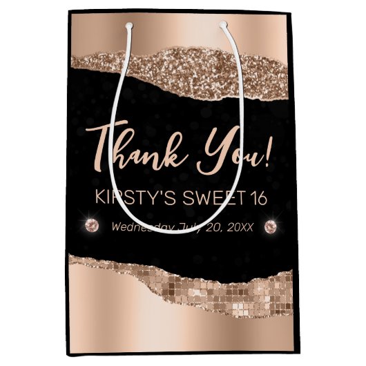 Roos Gold Glitter Glam Edge & Diamonds Sweet 16 Medium Cadeauzakje (Voorkant)
