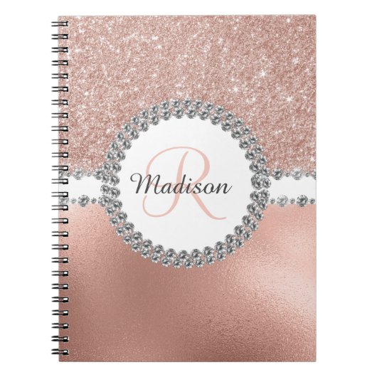 Roos Gold Glitter Glam Monogram Diamond Notitieboek (Voorkant)