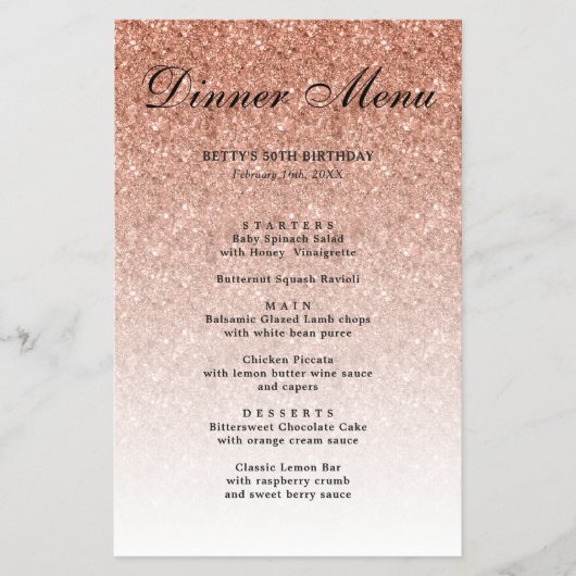 Roos Gold Glitter Glam Party Paper Menu (Voorkant)