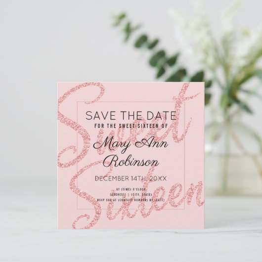 Roos Gold Glitter Glam Sweet 16 Opslagdatum Kaart (Staand voorkant)