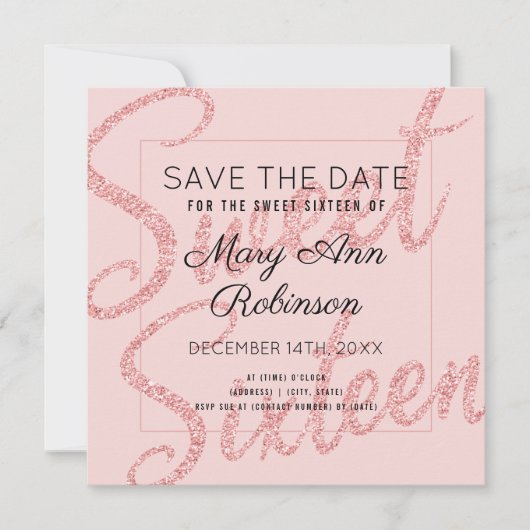 Roos Gold Glitter Glam Sweet 16 Opslagdatum Kaart (Voorkant)