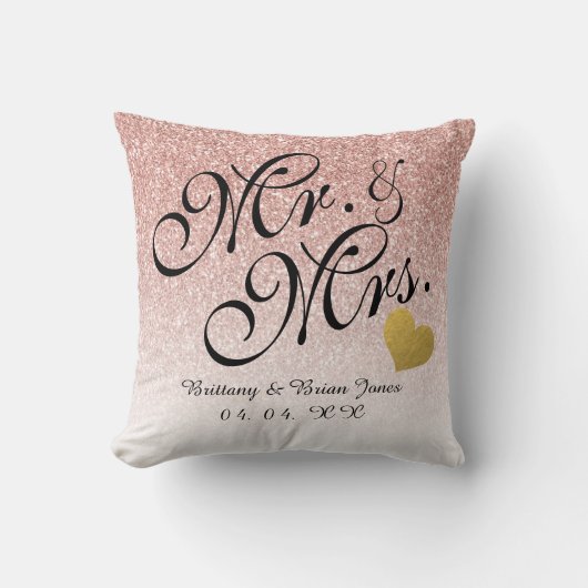 Roos Gold Glitter Gold Heart Mr. en Mrs Wedding Kussen (Voorkant)