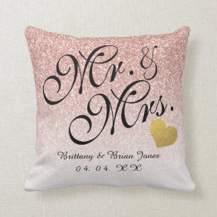 Roos Gold Glitter Gold Heart Mr. en Mrs Wedding Kussen