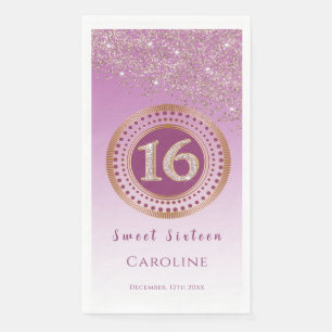 Roos Gold Glitter & Gold Sweet 16 Monogrammed Servet