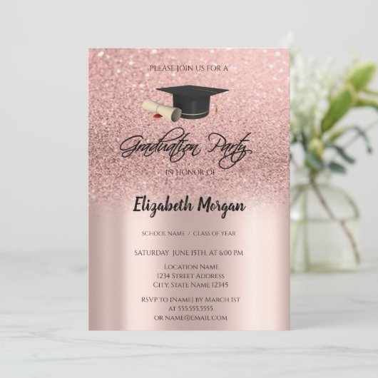 Roos Gold Glitter Graduation Cap Afstuderen invull Kaart (Staand voorkant)