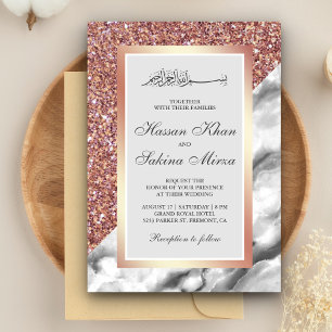 Roos Gold Glitter Gray White Marble Muslim Wedding Kaart