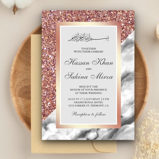 Roos Gold Glitter Gray White Marble Muslim Wedding Kaart