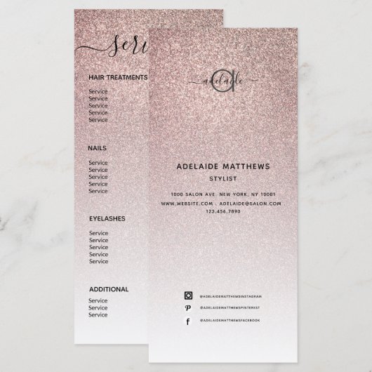 Roos Gold Glitter Hair Salon Makeup Artist Service Menu (Voorkant / Achterkant)