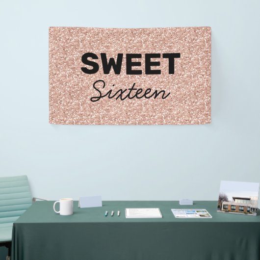 Roos Gold Glitter Hallo Sweet Sixteen Birthday Spandoek (Beurs)