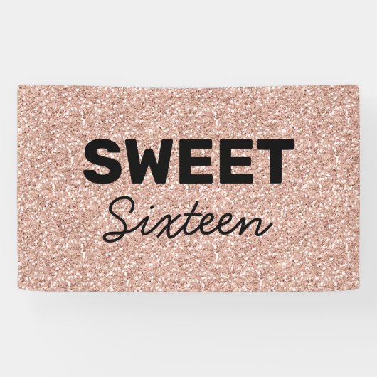 Roos Gold Glitter Hallo Sweet Sixteen Birthday Spandoek (Horizontaal)