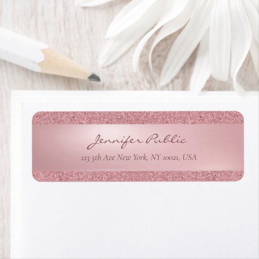 Roos Gold Glitter Handgeschreven Naam Script Retur Etiket (Insitu)