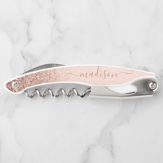 Roos Gold Glitter Handgeschreven Script Aangepaste Kurkentrekker (Achterkant)