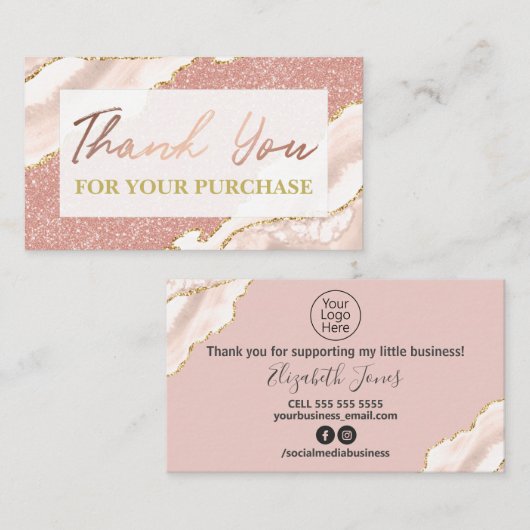 Roos Gold Glitter Hartelijk dank voor uw aankoop Visitekaartje (Voorkant / Achterkant)