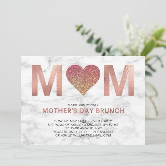 Roos Gold Glitter Heart Moederdag Brunch Kaart (Staand voorkant)