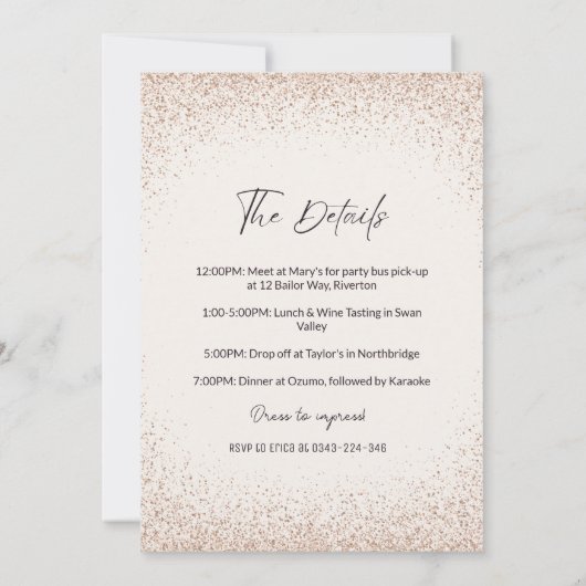 Roos Gold Glitter Hens Party Invitation Route Kaart (Achterkant)