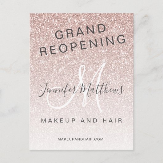 Roos Gold Glitter Heropening Salon COVID Safety Briefkaart (Voorkant)