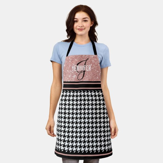 Roos Gold Glitter Houndstooth jouw naam monogram Schort (Gedragen)