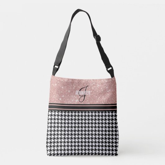 Roos Gold Glitter Houndstooth monogram naam Crossbody Tas (Achterkant)