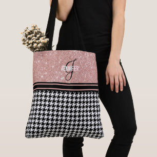 Roos Gold Glitter Houndstooth monogram naam Tote Bag