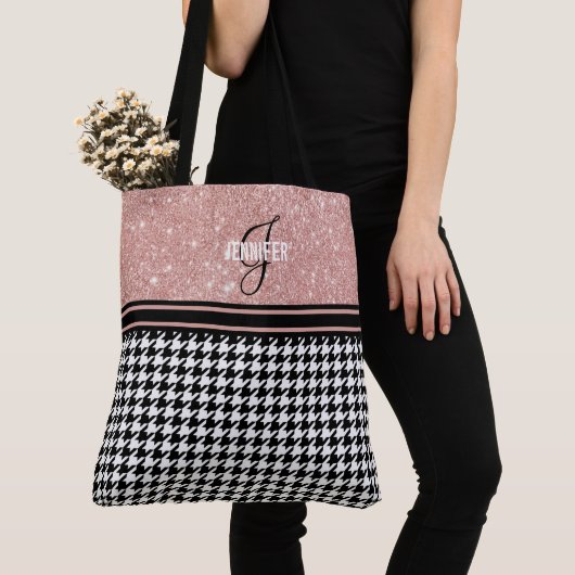 Roos Gold Glitter Houndstooth monogram naam Tote Bag (Dichtbij)