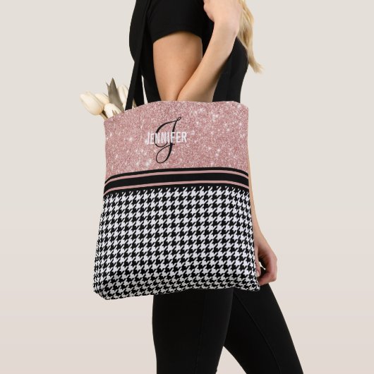 Roos Gold Glitter Houndstooth name monogram Tote Bag (Dichtbij)