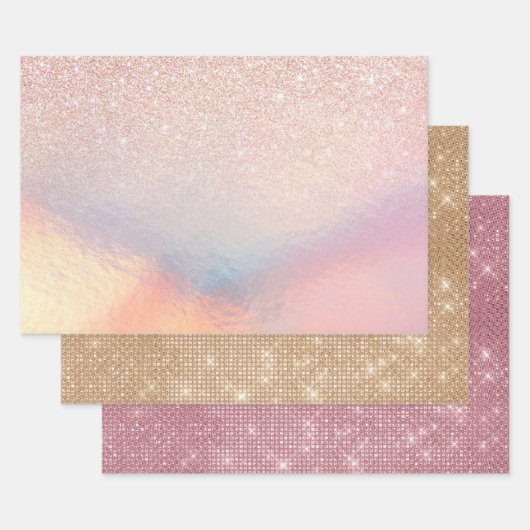 Roos Gold Glitter Iridescent Holographic Gradient Inpakpapier Vel (Set)