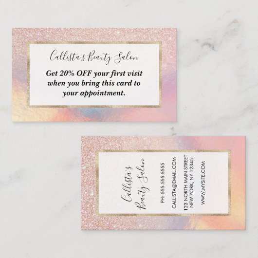 Roos Gold Glitter Iridescent Holographic Gradient Kortingskaartje (Voorkant / Achterkant)