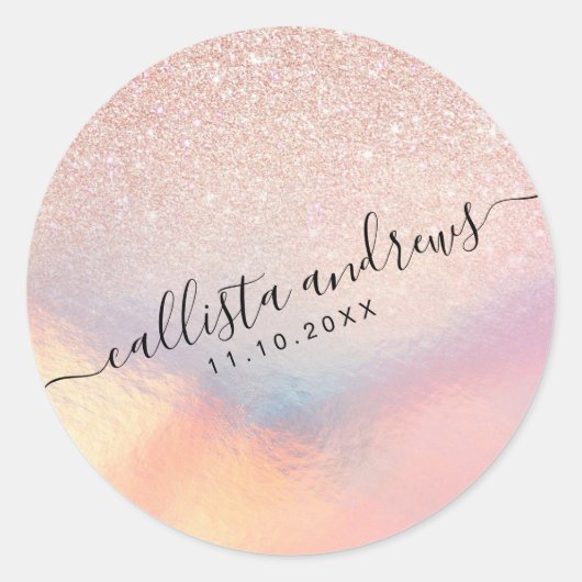 Roos Gold Glitter Iridescent Holographic Gradient Ronde Sticker (Voorkant)