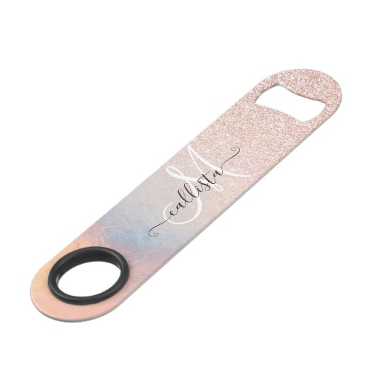 Roos Gold Glitter Iridescent Holographic Gradient Speed Flessenopener (Voorkant Gekanteld)