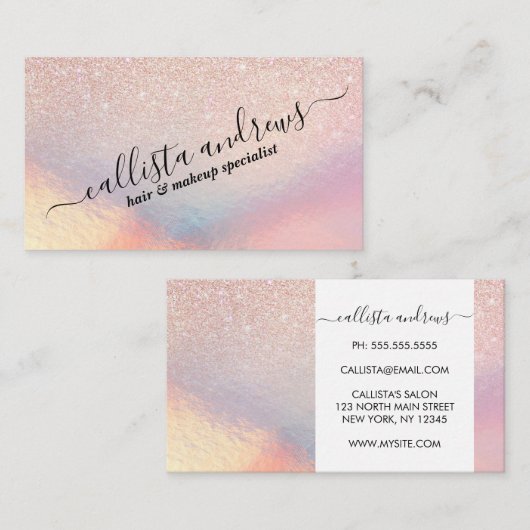 Roos Gold Glitter Iridescent Holographic Gradient Visitekaartje (Voorkant / Achterkant)