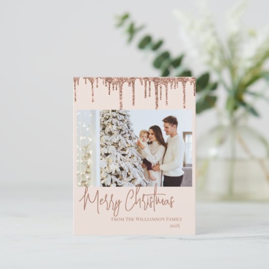 Roos Gold Glitter Kerstmis Fotokaart Feestdagenkaart (Staand voorkant)