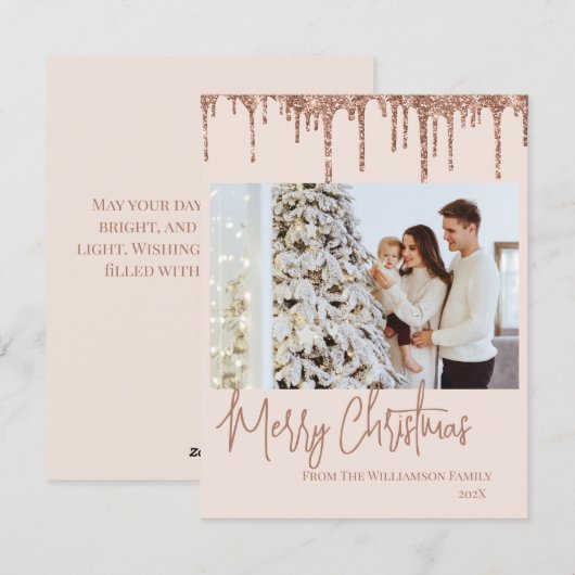 Roos Gold Glitter Kerstmis Fotokaart Feestdagenkaart (Voorkant / Achterkant)