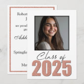 Roos Gold Glitter Klasse van 2025 Foto Aankondigin Kaart (Voorkant / Achterkant)