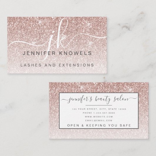 Roos Gold Glitter Lashes Monogram Open Covid Visitekaartje (Voorkant / Achterkant)