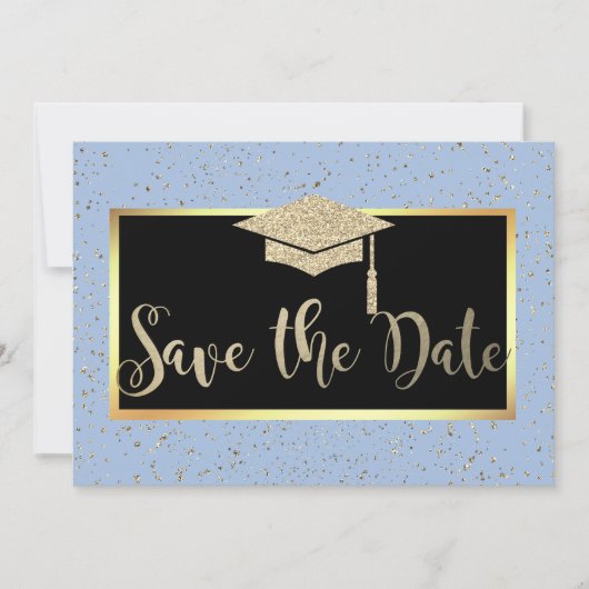 Roos Gold Glitter Lichtblauw Afstudeerder Save the Date (Voorkant)