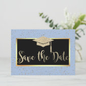 Roos Gold Glitter Lichtblauw Afstudeerder Save the Date (Staand voorkant)