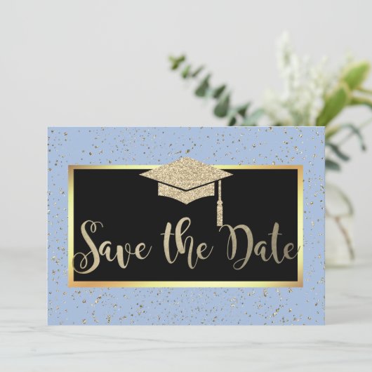 Roos Gold Glitter Lichtblauw Afstudeerder Save the Save The Date (Staand voorkant)