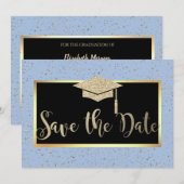 Roos Gold Glitter Lichtblauw Afstudeerder Save the Save The Date (Voorkant / Achterkant)