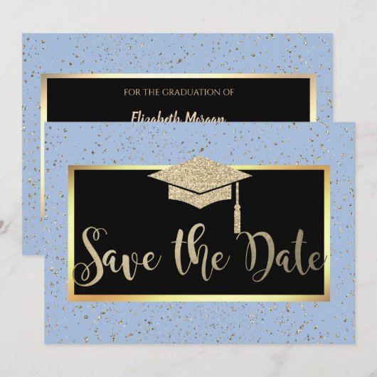 Roos Gold Glitter Lichtblauw Afstudeerder Save the Save The Date (Voorkant / Achterkant)