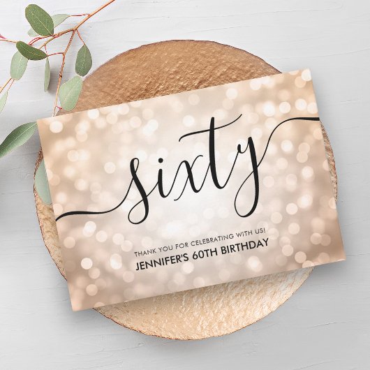 Roos Gold Glitter Lights 60th Verjaardag Dank u Bedankkaart