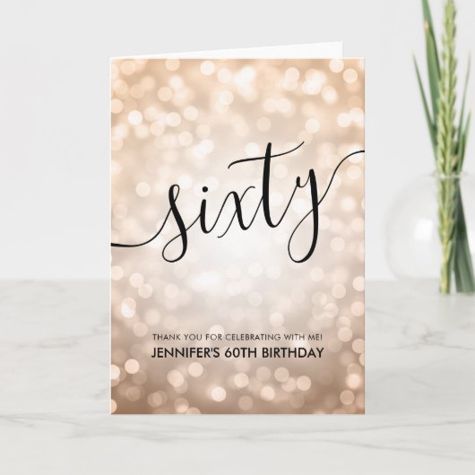 Roos Gold Glitter Lights 60th Verjaardag Dank u Bedankkaart (Voorkant)