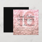 Roos Gold Glitter Lights Sweet 16 Save The Date Kaart (Voorkant / Achterkant)