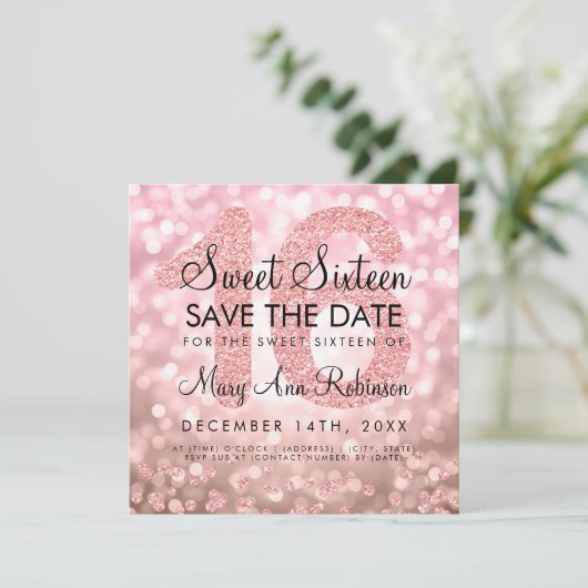 Roos Gold Glitter Lights Sweet 16 Save The Date Kaart (Staand voorkant)
