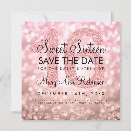 Roos Gold Glitter Lights Sweet 16 Save The Date Kaart (Voorkant)