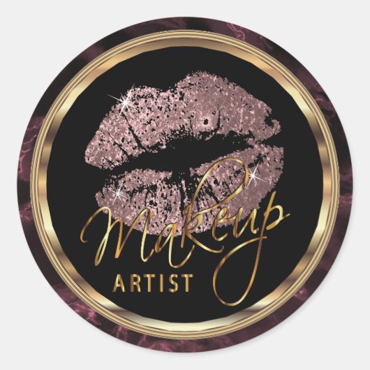Roos Gold Glitter Lips op Dark Roos Marble Ronde Sticker (Voorkant)