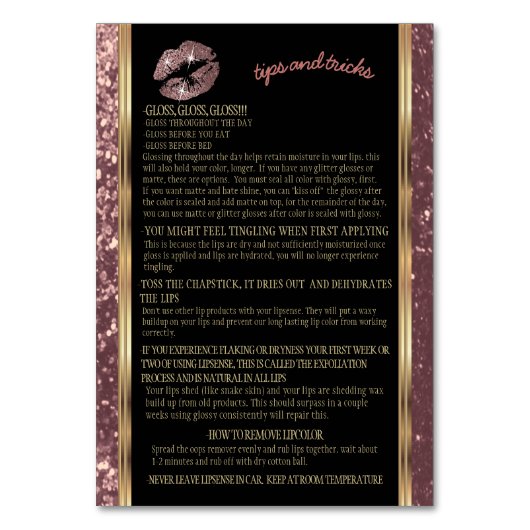 Roos Gold Glitter Lipsense Senegence Instructies Kaart (Achterkant)