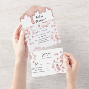 Roos Gold Glitter Liquid Baby Girl Shower All In One Uitnodiging