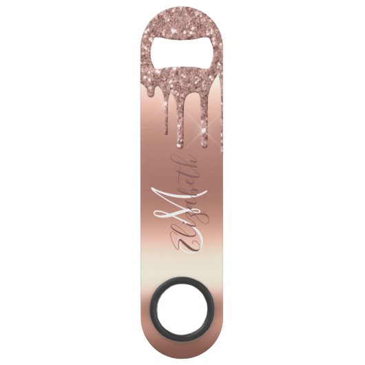 Roos Gold Glitter Look Drips Monogram Metaal Speed Flessenopener (Voorkant)